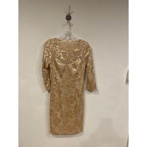 Sue Wong Nocturne Dress Womens 2 Gold Lace Floral Embroidered Cocktail Party